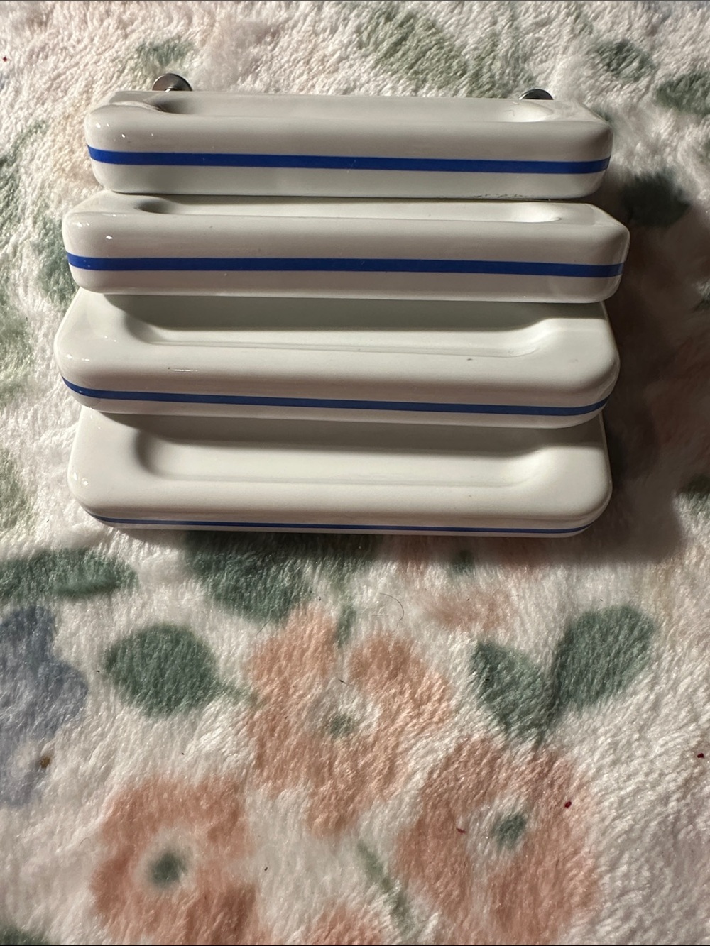 Vintage White Ceramic handle with Blue Stripe - Set of 4